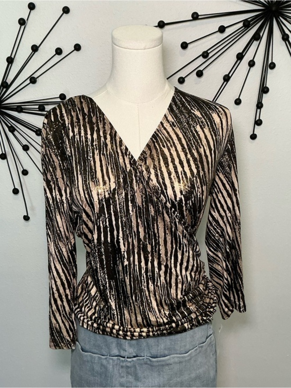 Dressbarn Collection Petite M Animal Print Wrap Top Ruched Long Sleeve